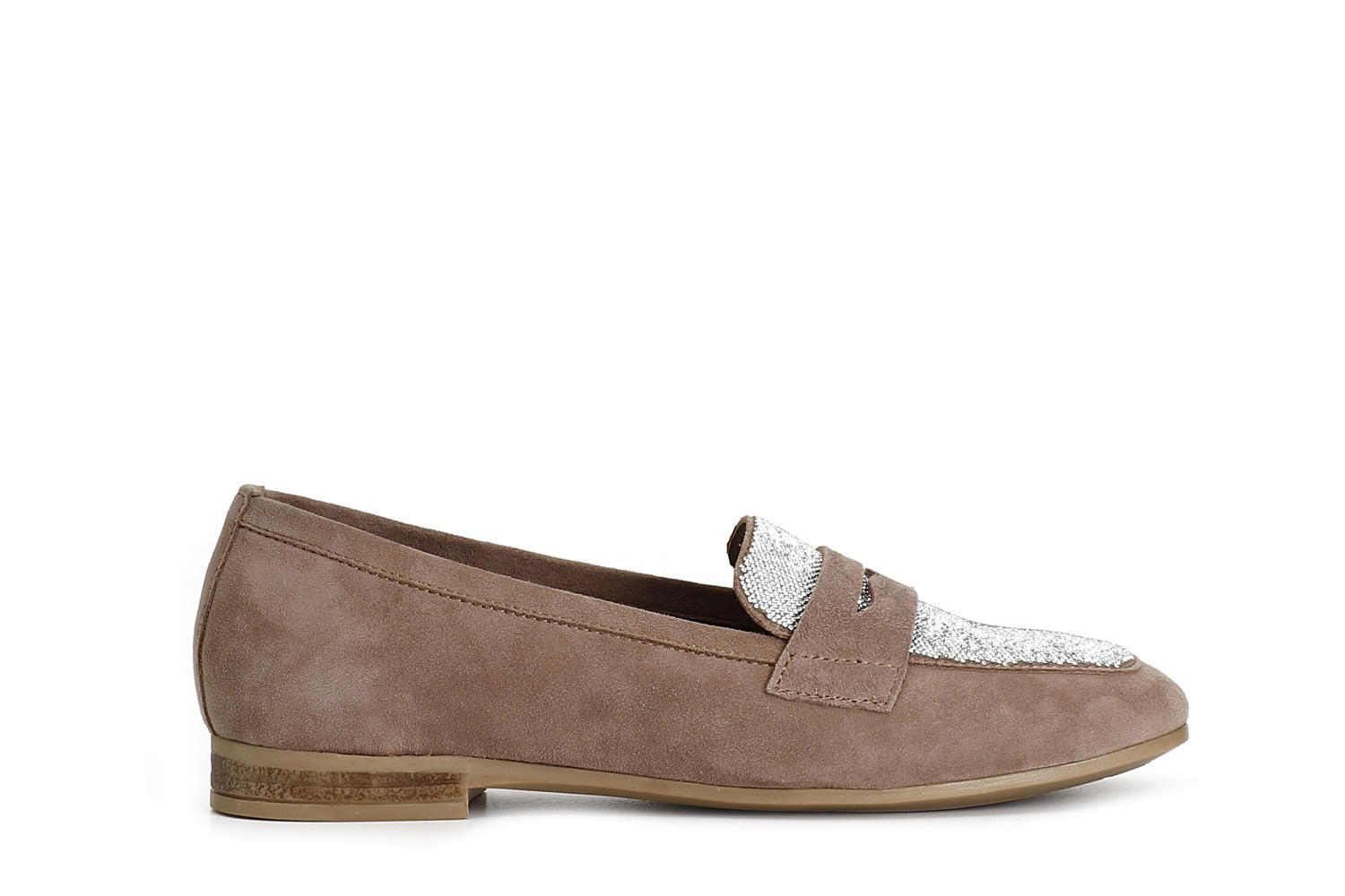 mocassins en daim avec plateau en strass taupe 36