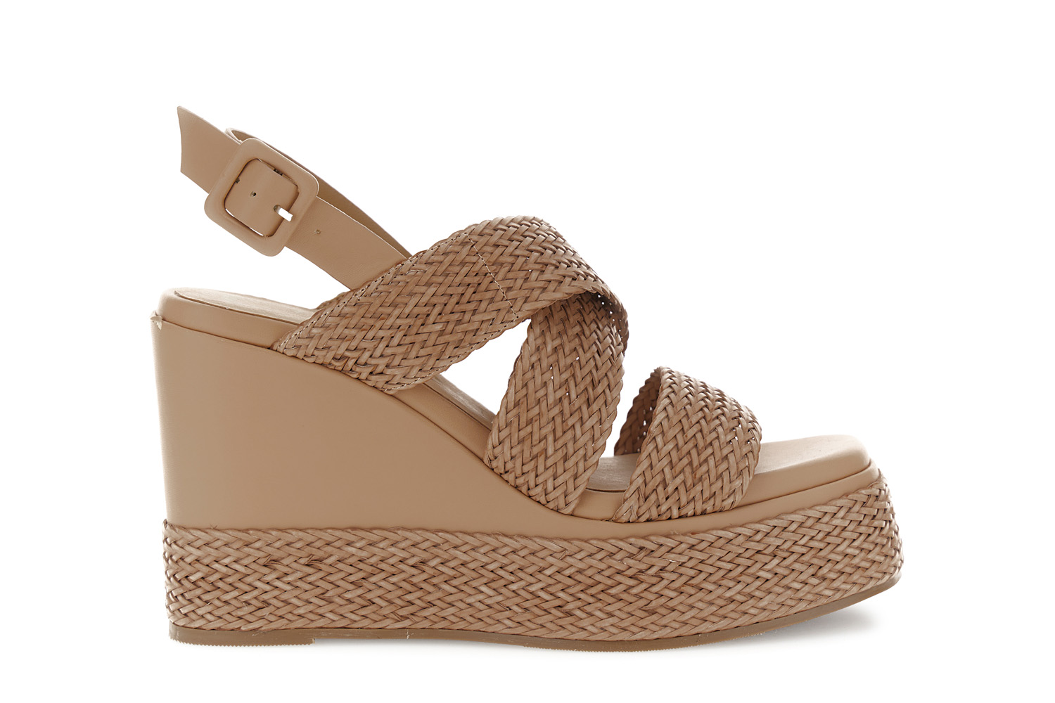 sandales compensées à talon croisé en similicuir tressé effet cuir. tan 38