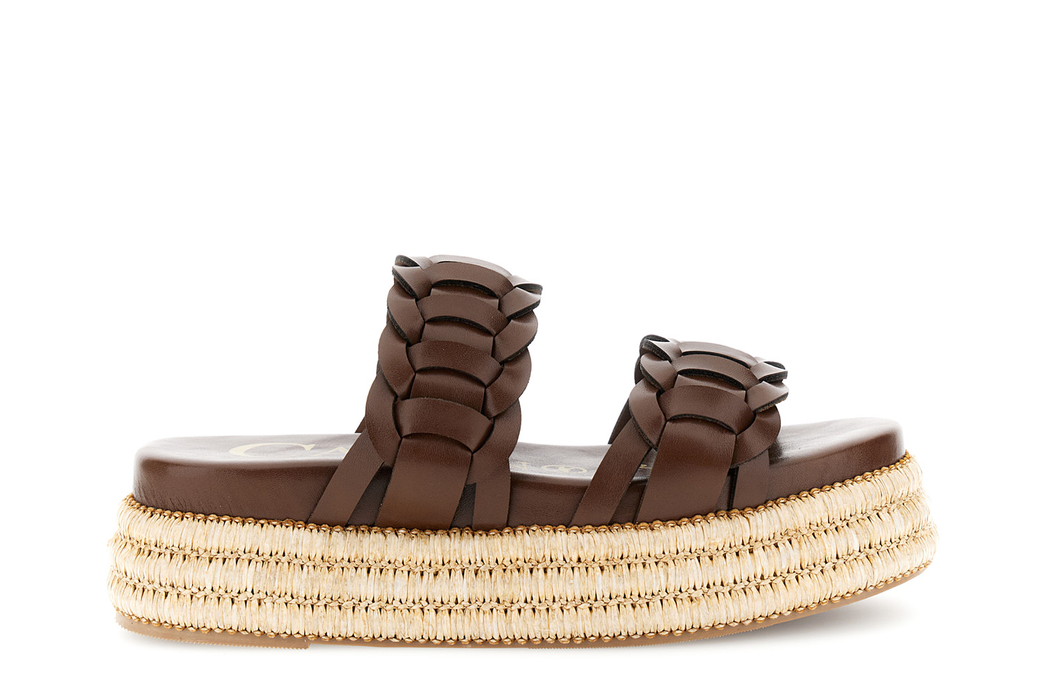 sandale en similicuir à deux brides et talon compensé en raphia. dark brown 41