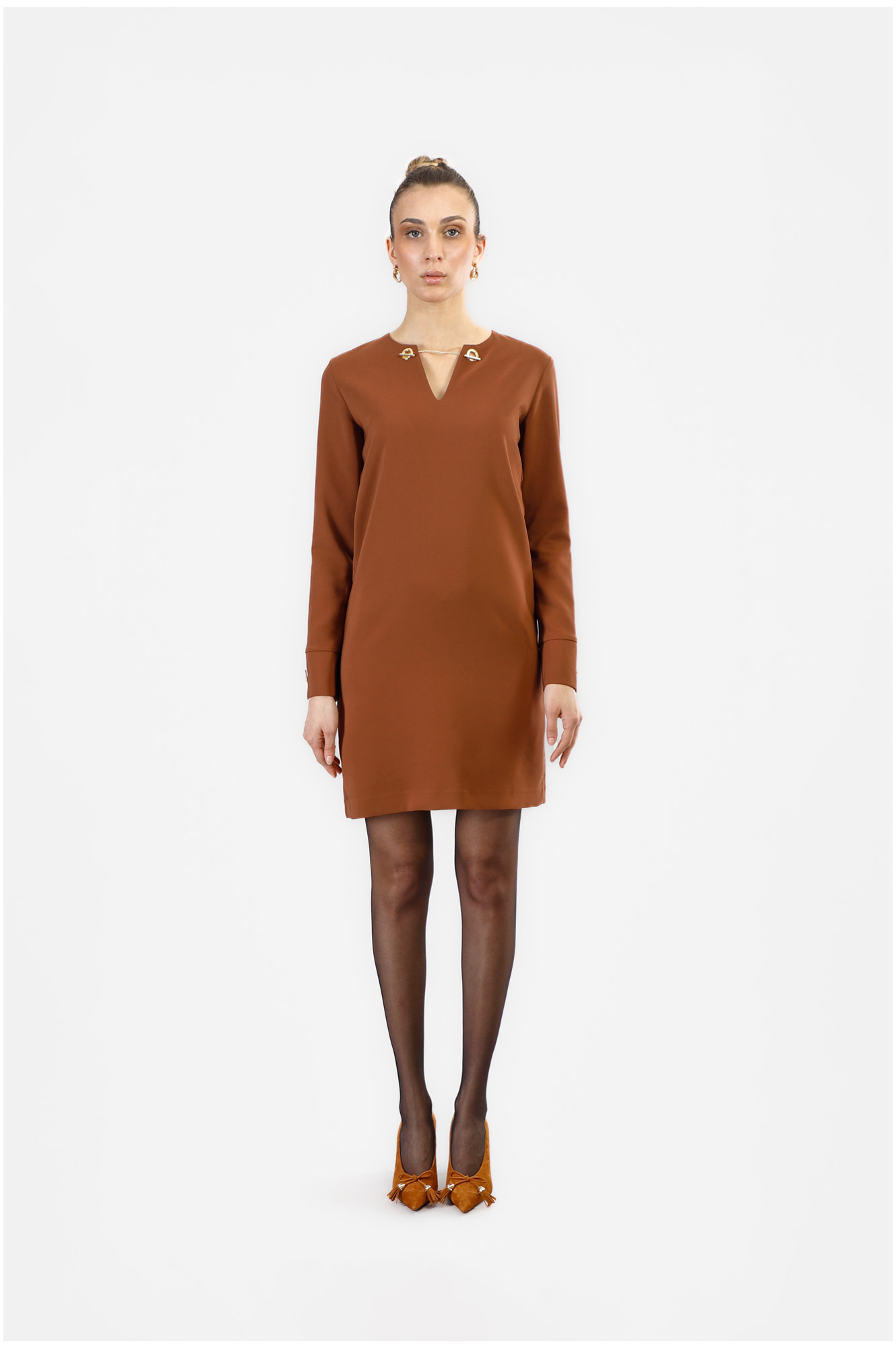 robe droite à décolleté "v" en tissu bi-stretch tobacco s