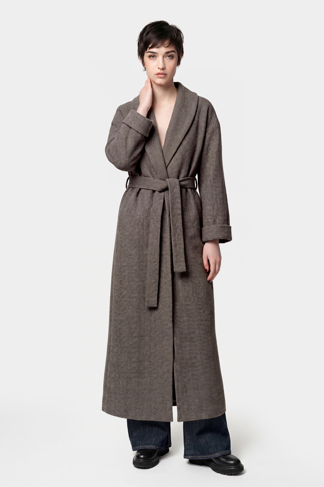 manteau long peignoir en tissu chevron taupe herringbone 38