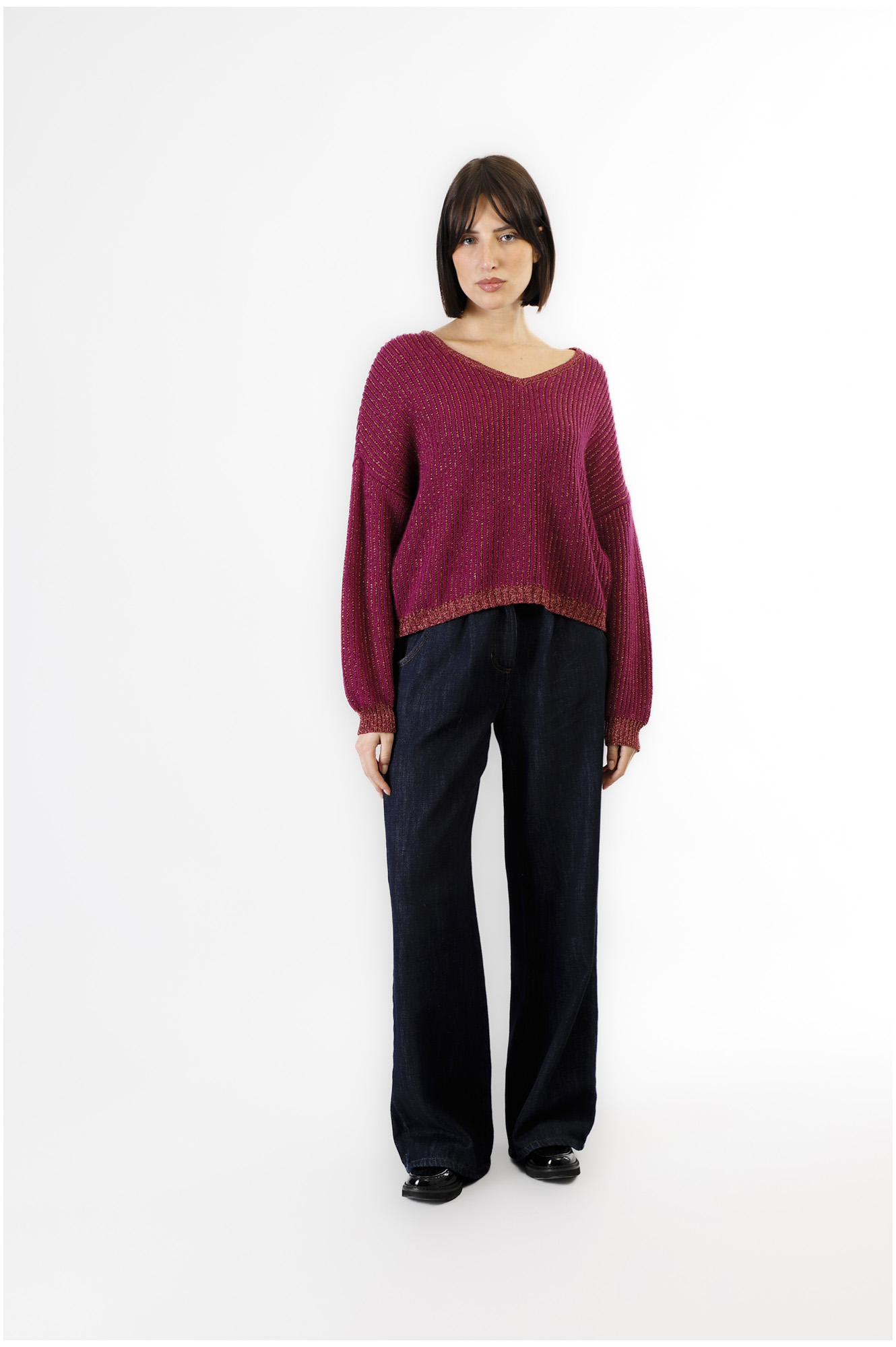 pull en lurex avec encolure en v red m