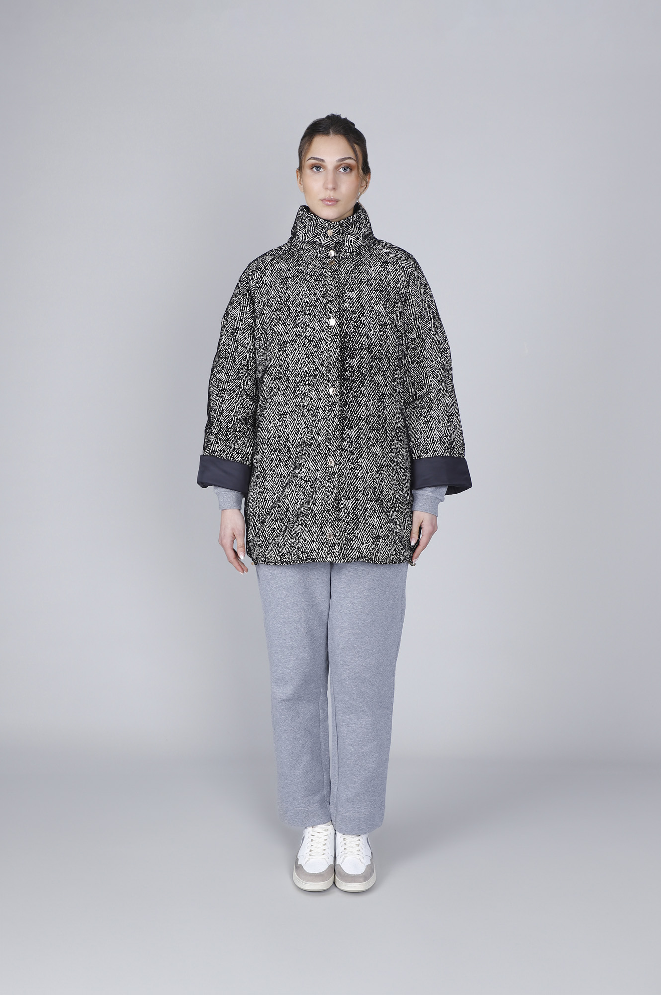 doudoune évasée style cape à imprimé chervon oats/black 48
