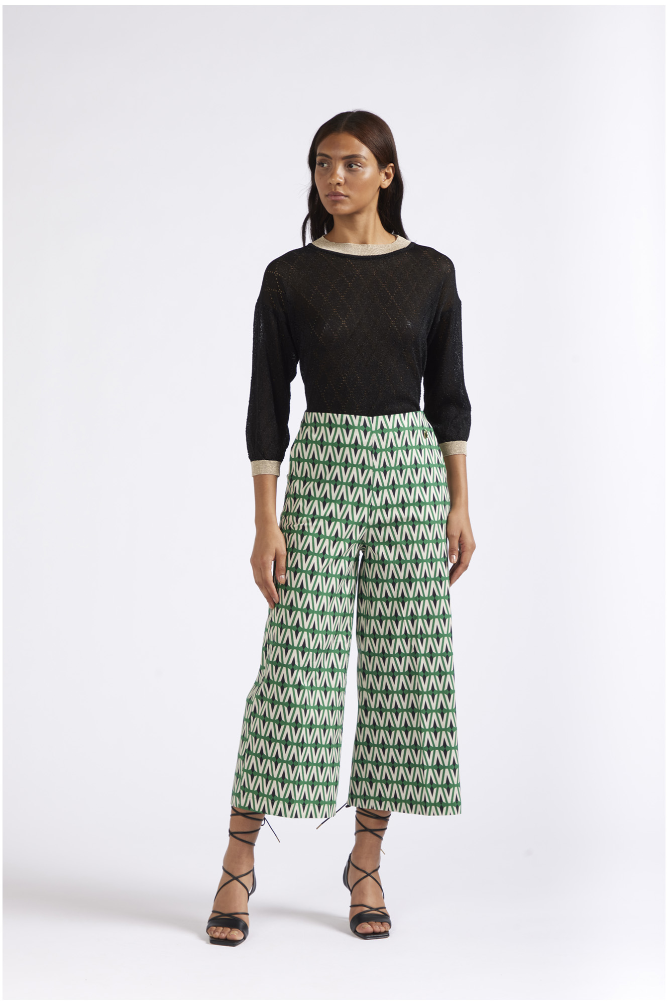 pantalon large cropped en popeline imprimée rhombus multiverd 40