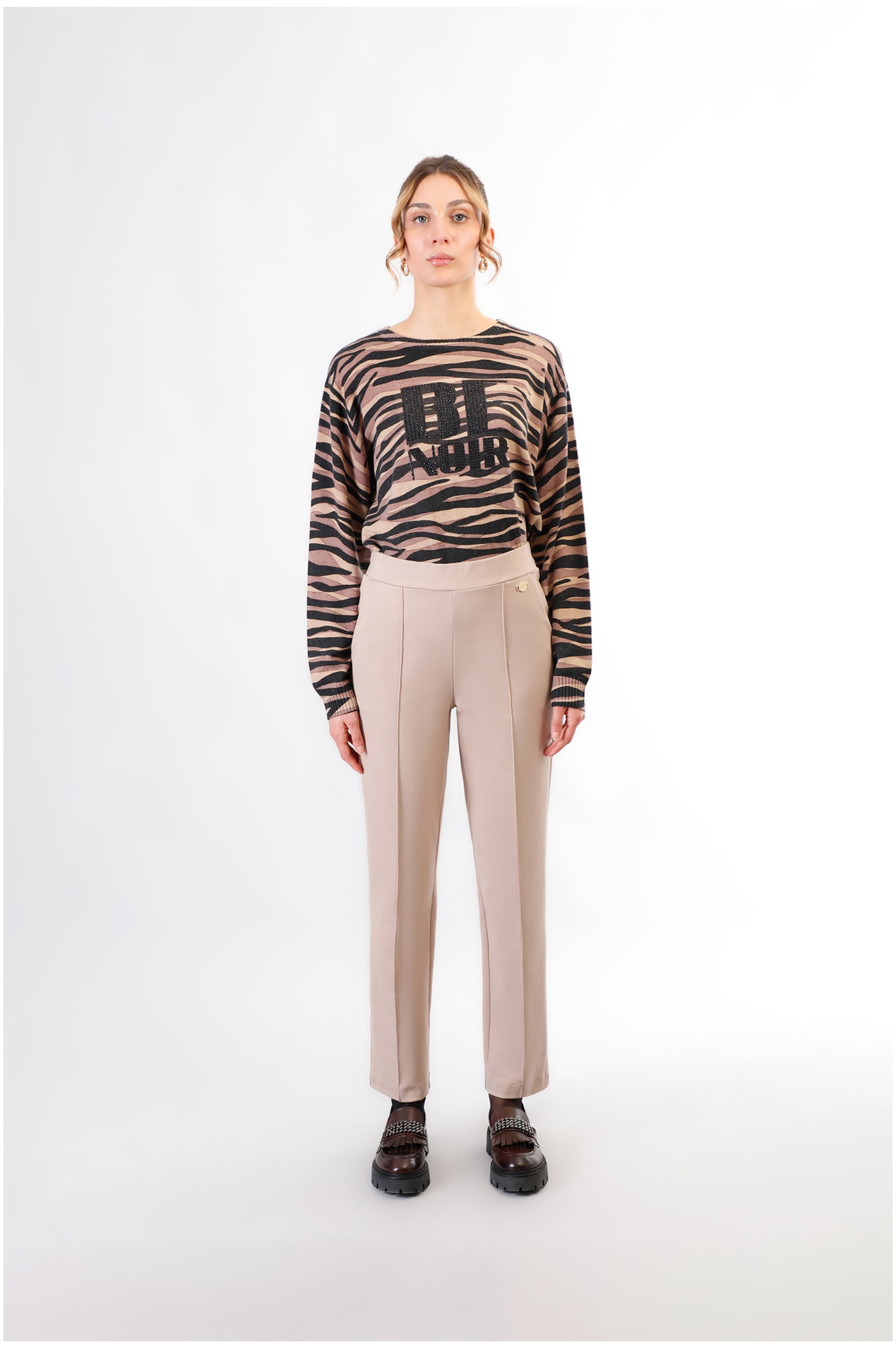 pantalon droit à taille élastiquée champagne m