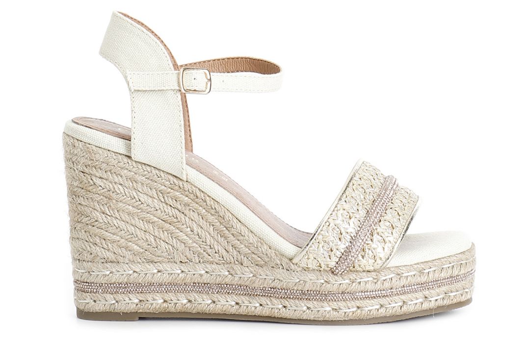 sandales modèle gilda en raphia et tissu avec semelle compensée en corde light gold